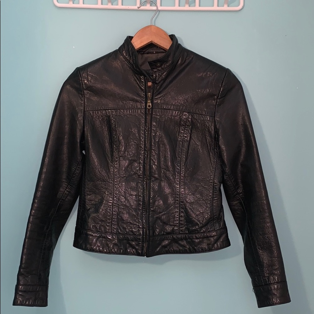 Genuine leather stand-collar moto jacket
